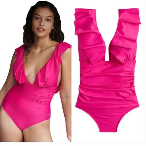 NWT J. Crew Ruched Ruffle One Piece Swim Suit 0 Fuschia Pink Beach BP222 J.Crew - Picture 2 of 6